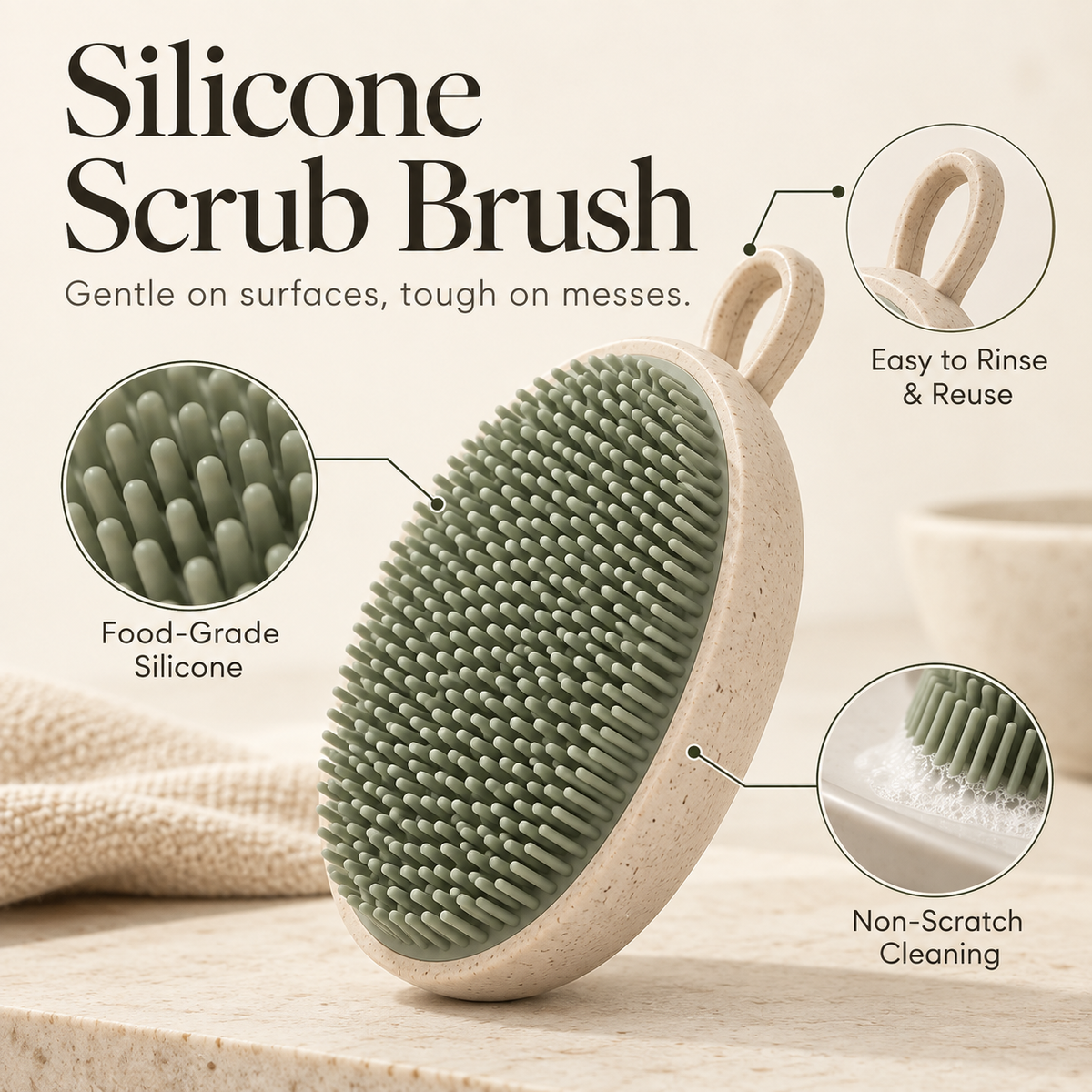 Premium Silicone Scrub Brush – Gentle Deep Cleaning Kitchen Essential