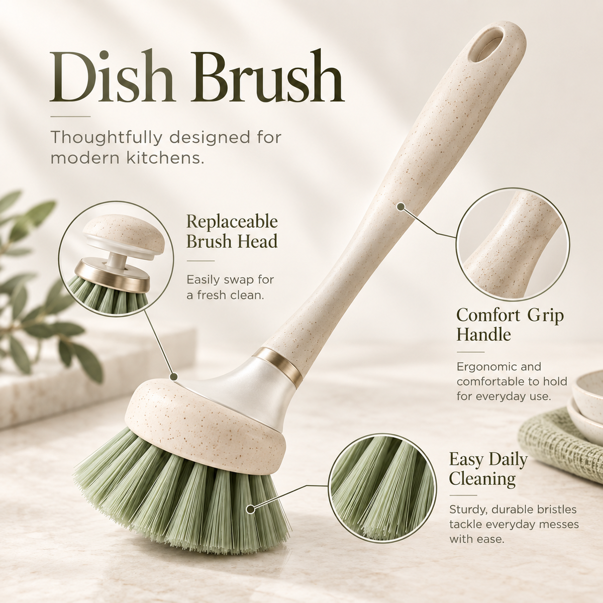Modern Dish Brush With Replaceable Head – Elegant Kitchen Cleaning Tool